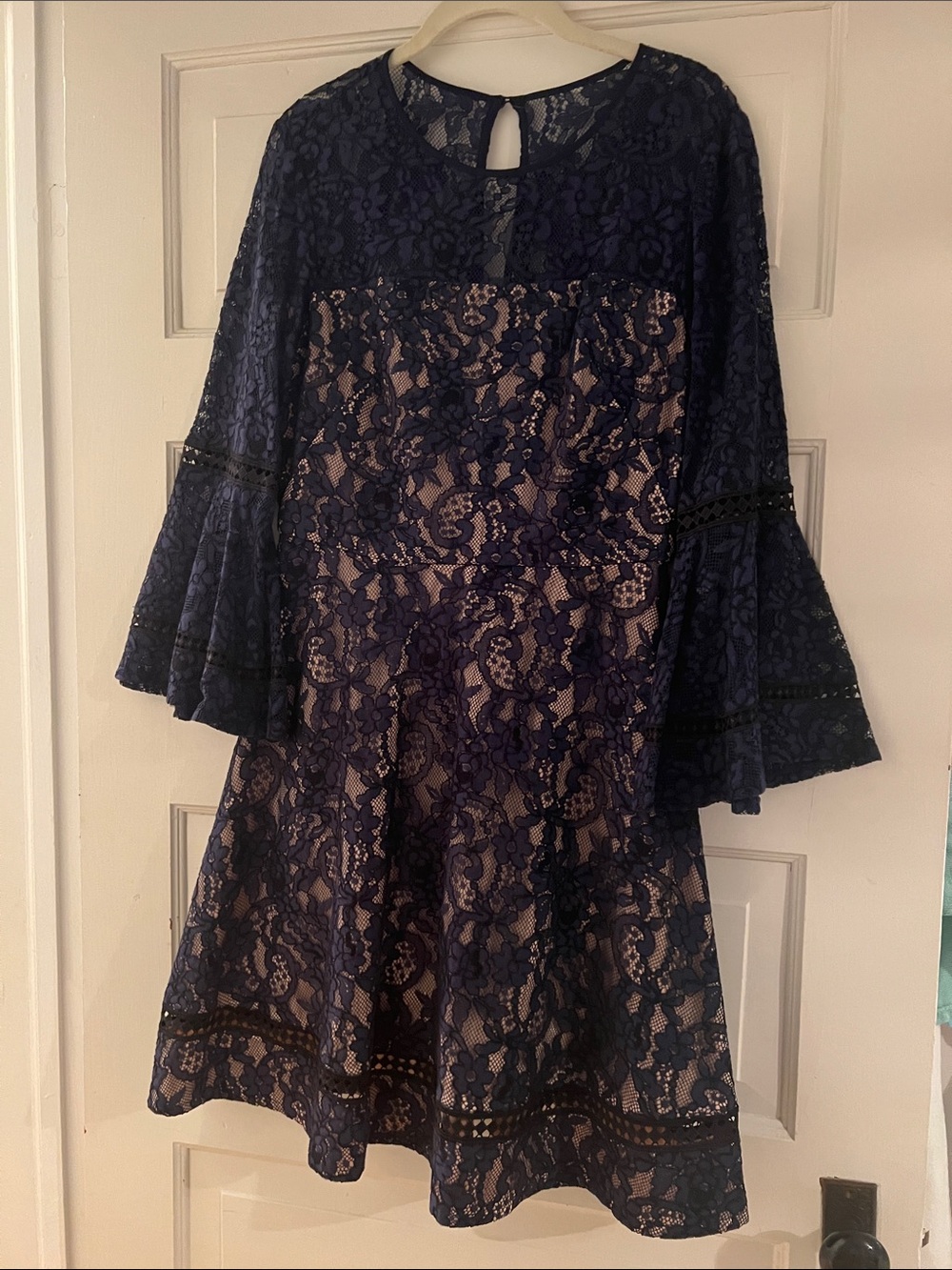 Eliza J Navy Lace Bell-Sleeve Fit-and-Flare Dress with Nude Lining